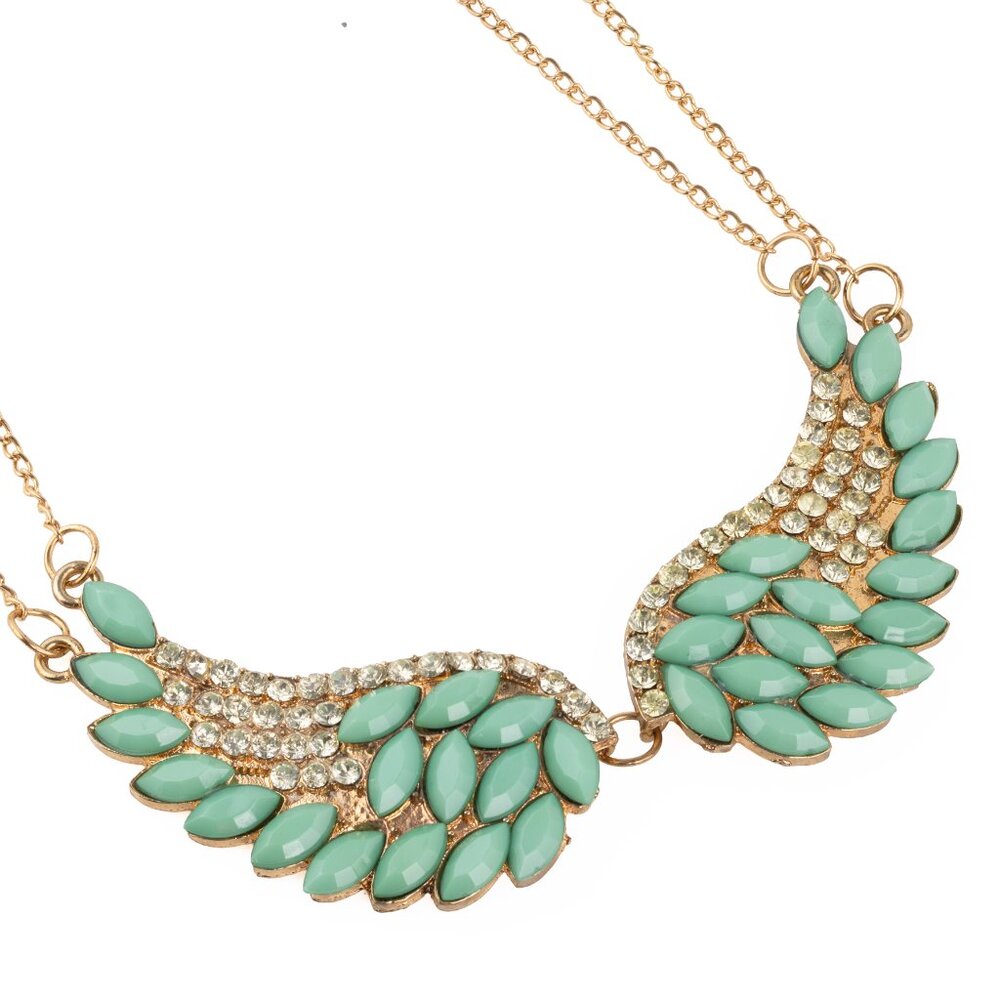 Angel Wing Statement Necklace Turquoise & Crystal Rhinestones on Gold Chain NWOT